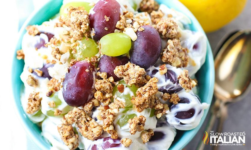 overhead: grape salad with cream cheese filling and granola