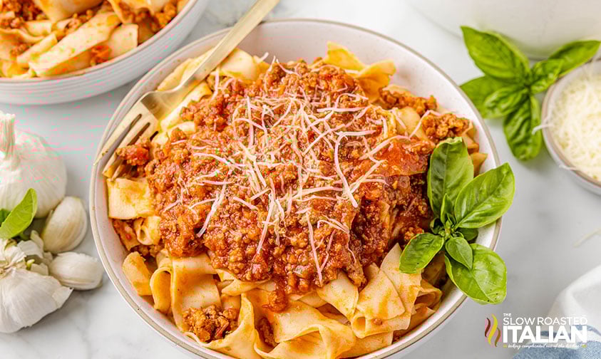 closeup of authentic bolognese sauce over pasta