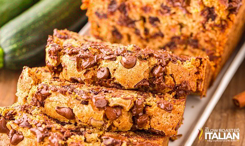sliced chocolate chip zucchini bread on a tray