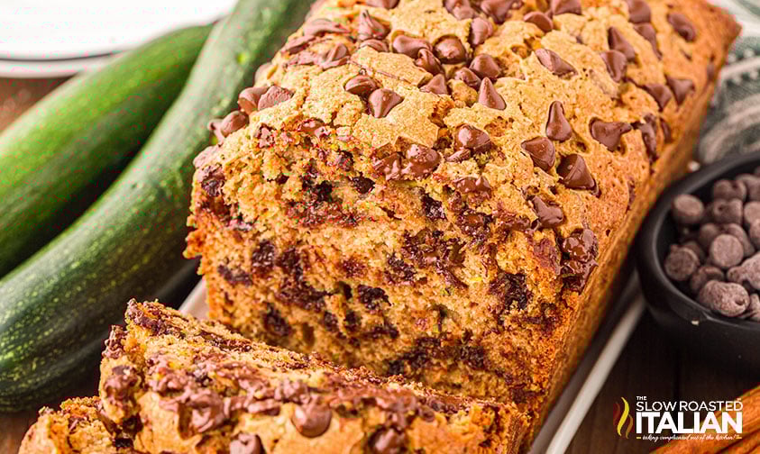 closeup of sliced chocolate chip zucchini bread