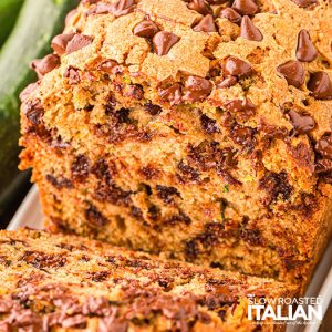 closeup of chocolate chip zucchini bread