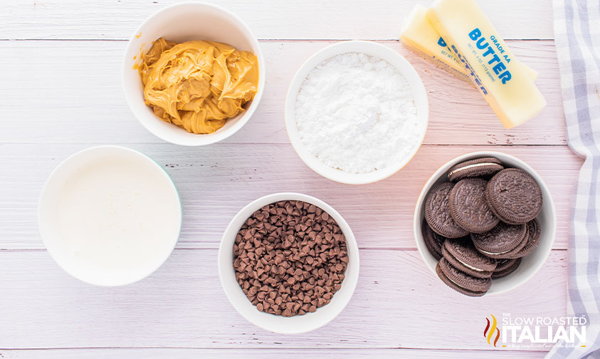 overhead: ingredients for chocolate peanut butter pie with oreos 