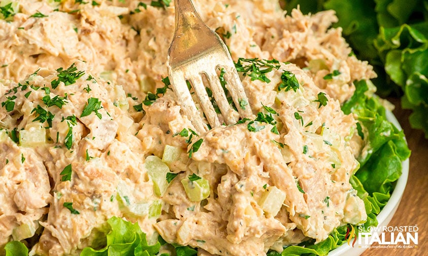closeup of costco chicken salad on a bed of lettuce