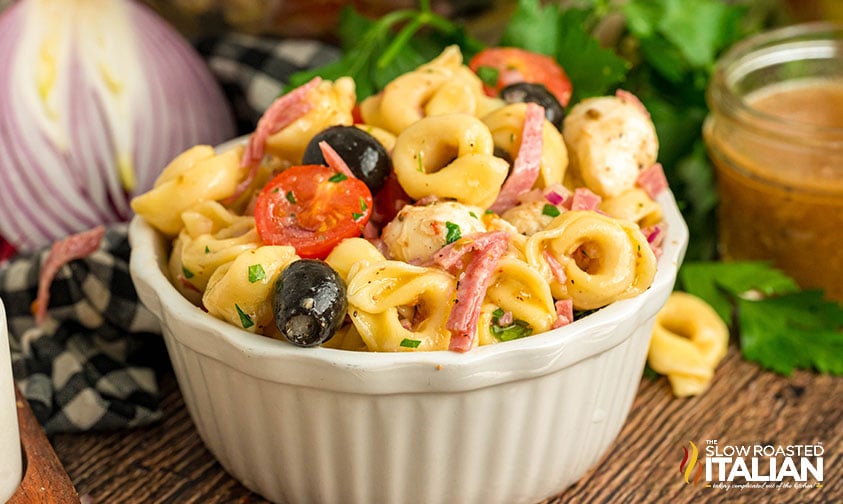 copycat costco tortellini pasta salad in a white bowl