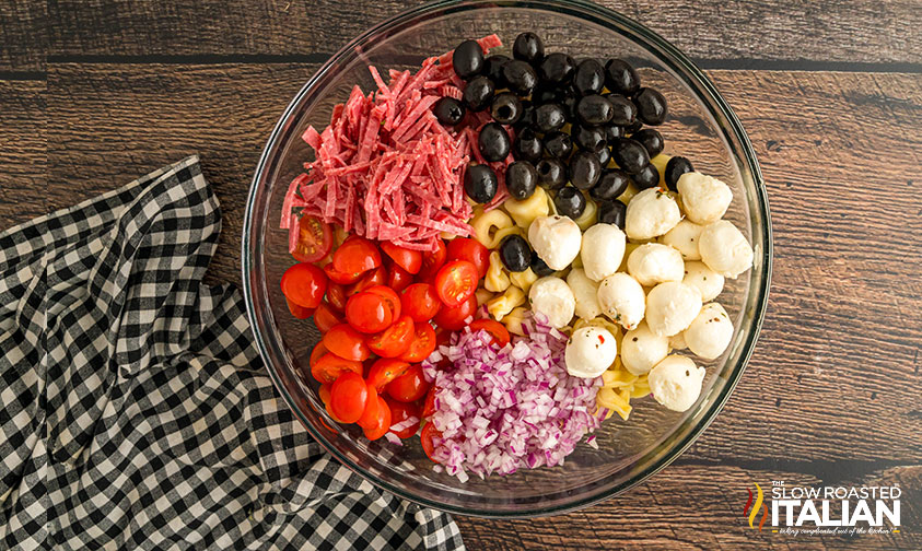 cooked tortellini, grape tomatoes, red onion, black olives, salami, and mozzarella in a large bowl