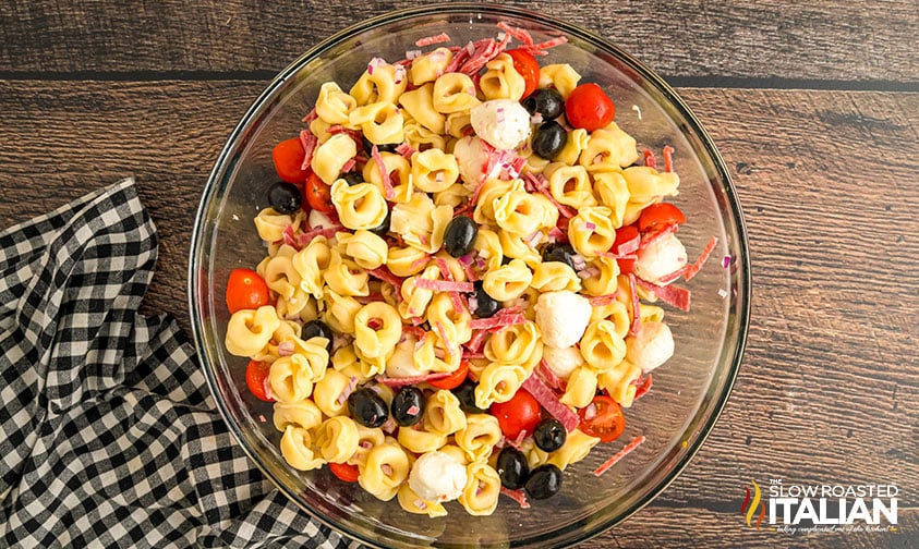 mixed costco tortellini pasta salad in a large bowl
