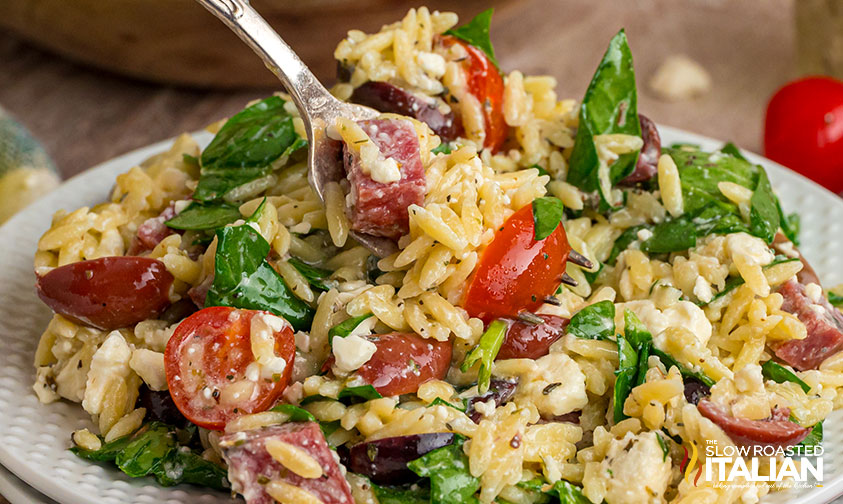 closeup of costco orzo pasta salad