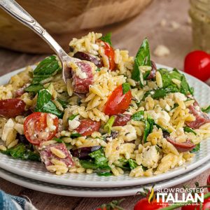 closeup of orzo pasta salad