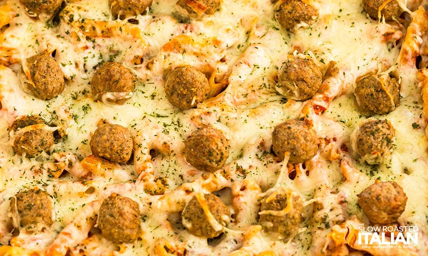closeup of dump and bake meatball casserole