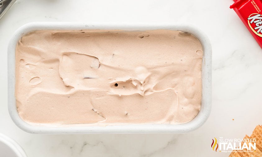 no churn kit kat ice cream mixture in a 9x5 loaf pan