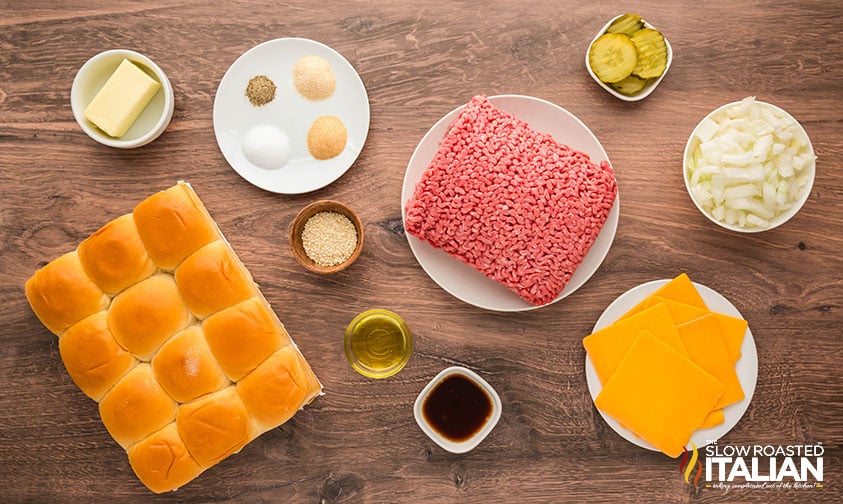 ingredients for sheet pan cheeseburger sliders recipe