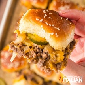 closeup of sheet pan cheeseburger sliders