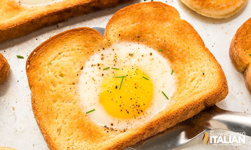 closeup of sheet pan egg in a hole recipe