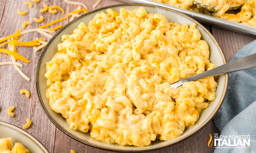 large bowl of sheet pan mac and cheese