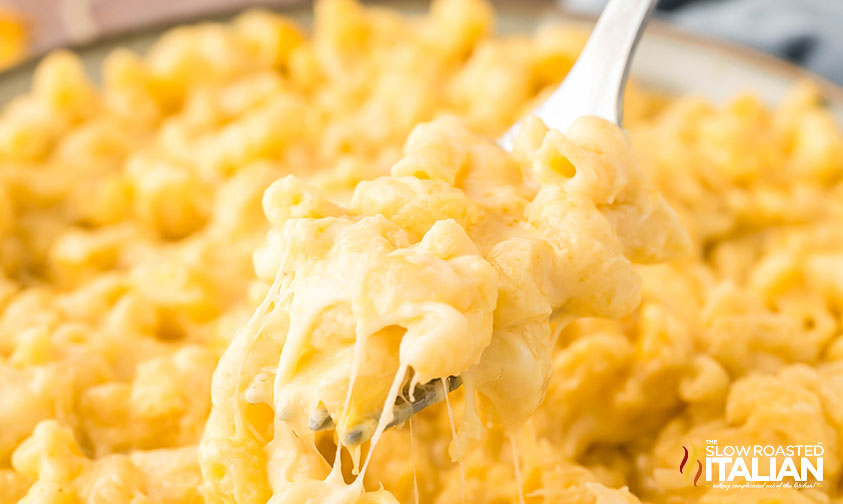closeup of sheet pan mac and cheese reicpe