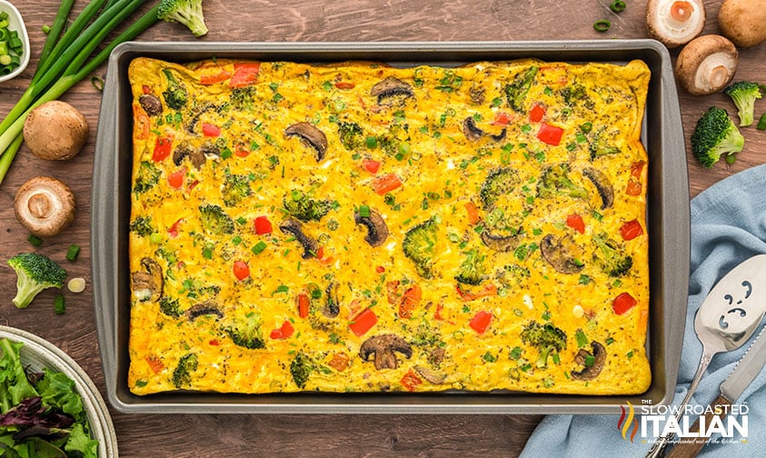 sheet pan frittata cooling on the counter