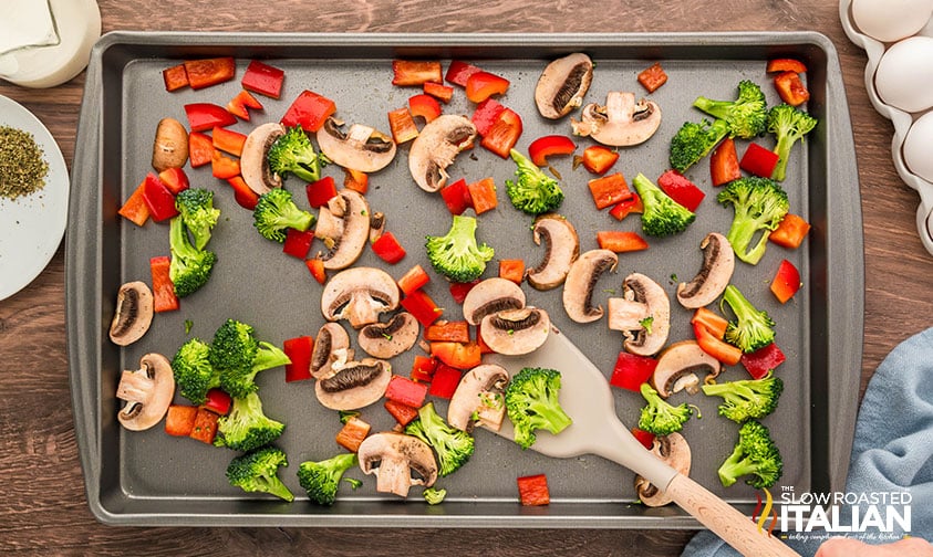 roasted vegetables on a a sheet pan