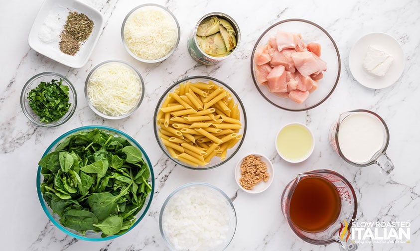 ingredients for spinach artichoke chicken pasta recipe