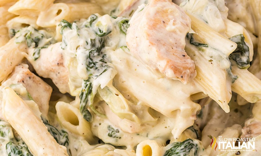 closeup of spinach artichoke chicken pasta recipe