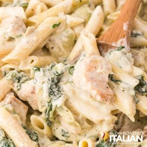 closeup of spinach artichoke chicken pasta
