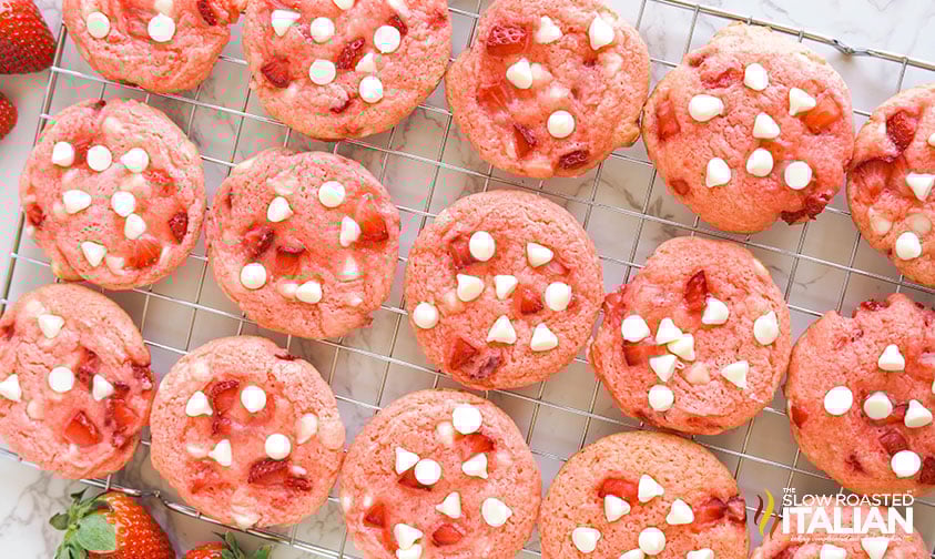 strawberry cake mix cookies on cooling rack