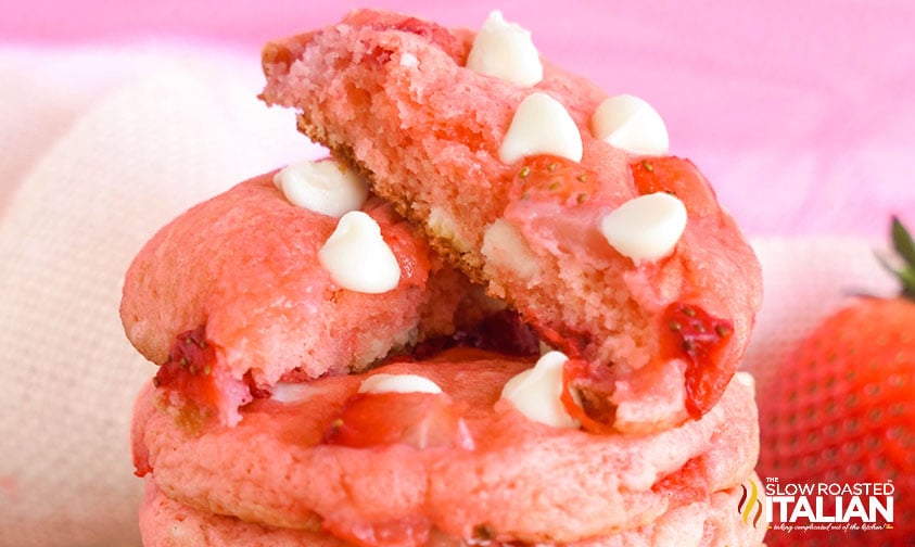 stacked strawberry cake mix cookies with white chocolate chips