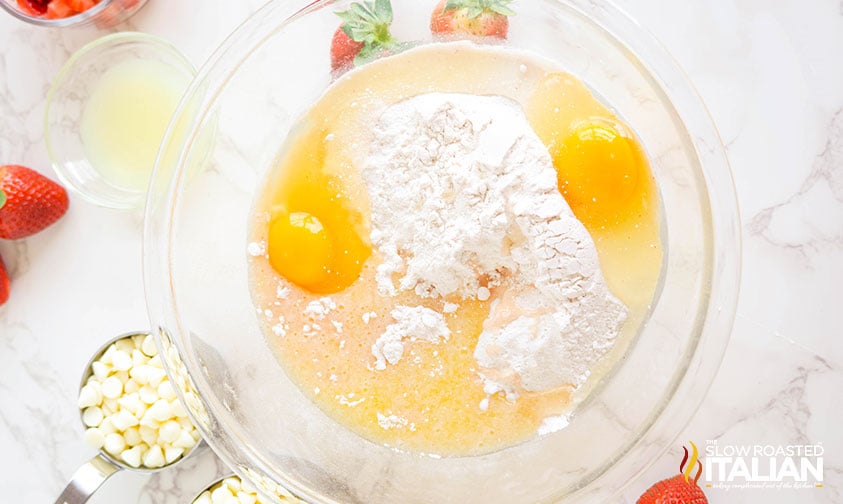strawberry cake mix cookies ingredients in a large mixing bowl