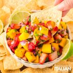 closeup of strawberry mango salsa