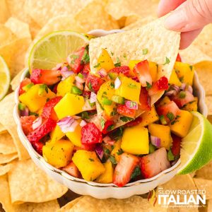 closeup of strawberry mango salsa