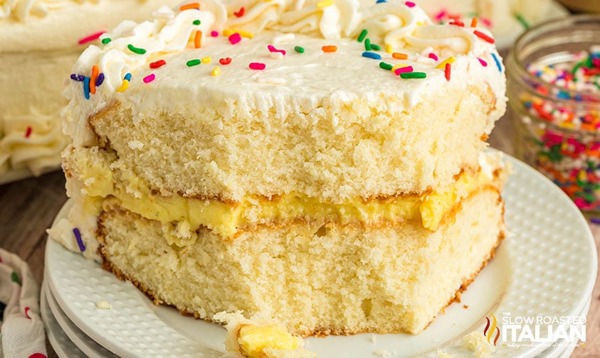 closeup of a slice of costco sheet cake recipe