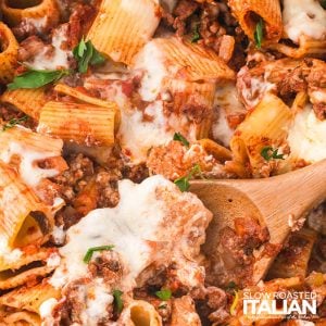 closeup of bolognese pasta bake