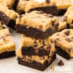 closeup of stacked cookie dough brownies