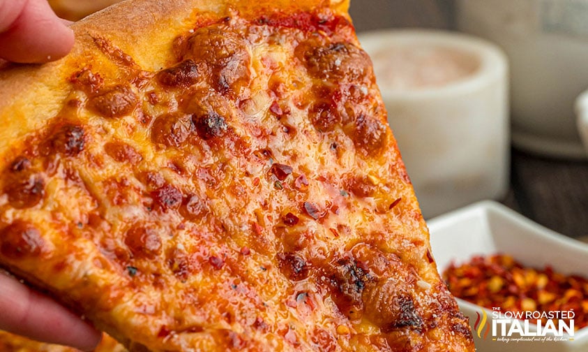 closeup of a slice of costco pizza recipe