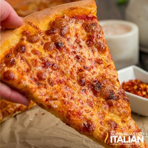 closeup of a slice of costco pizza copycat