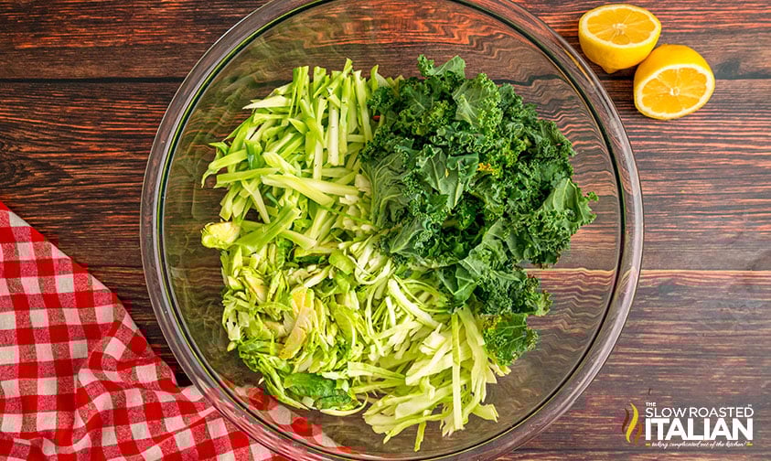 kale and broccoli stalks in a mixing bowl
