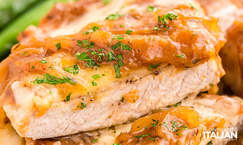 closeup of french onion pork chops