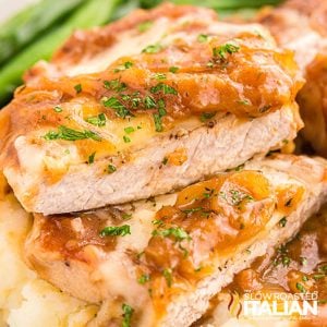 closeup of french onion pork chops