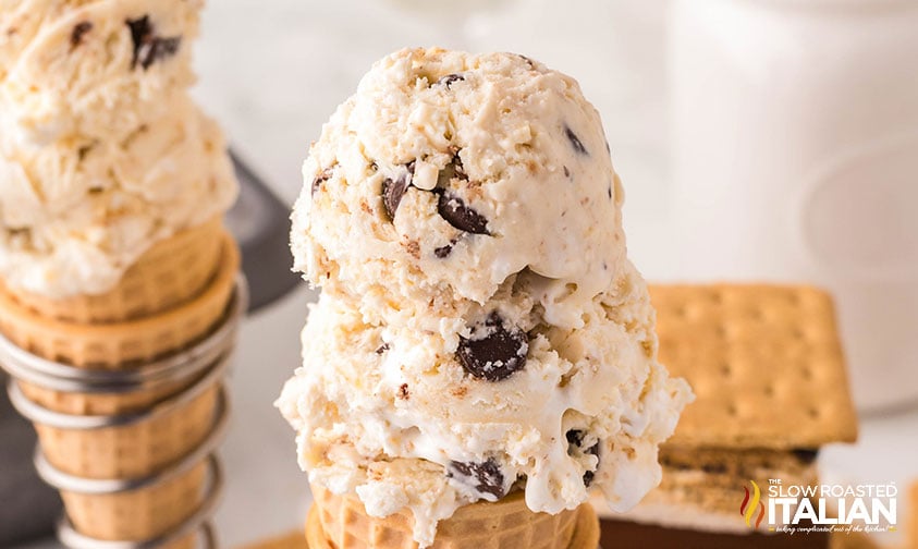closeup of smores ice cream in a cone