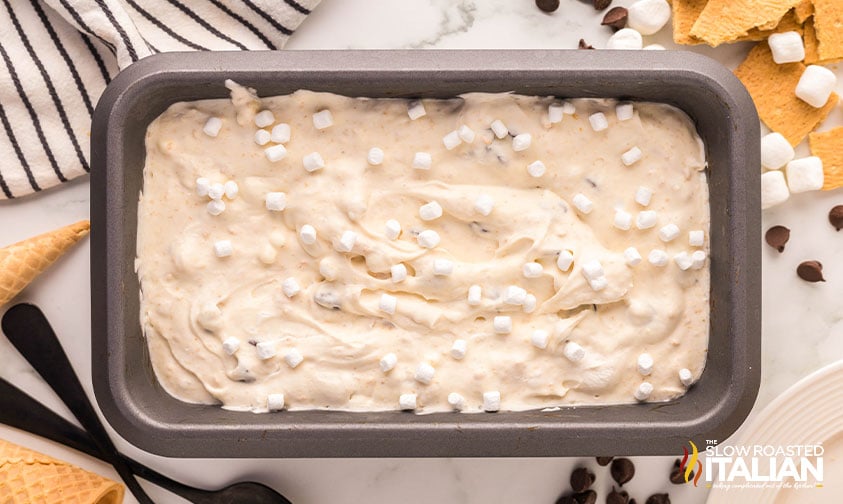 no churn smores ice cream mixture in a loaf pan