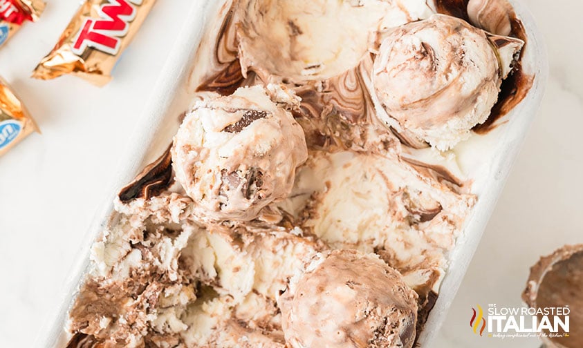 cloase up of no churn twix ice cream
