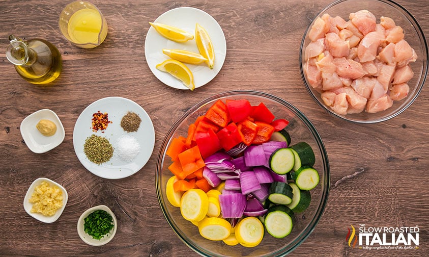 ingredients for chicken and vegetables skewers oven recipe