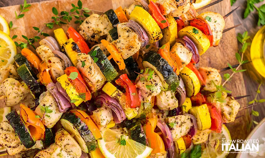 closeup of sheet pan chicken and vegetable skewers