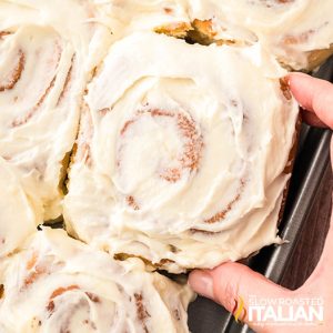 closeup of sheet pan cinnamon rolls