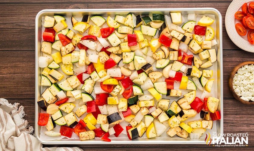 veggies tossed on a sheet pan