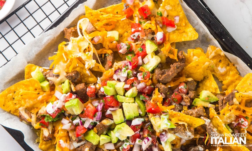 closeup of sheet pan steak nachos