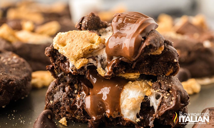 closeup of stacked s'mores cake mix cookies