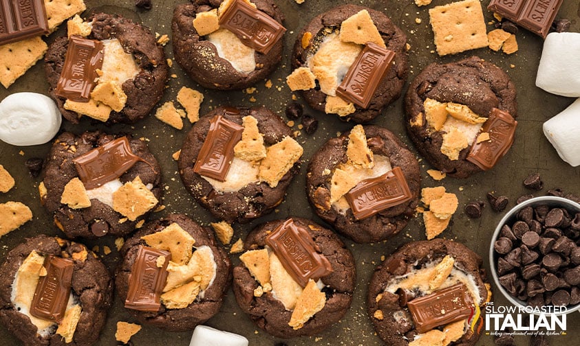 s'mores cake mix cookies on a sheet pan