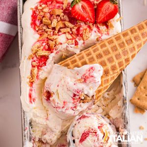 closeup of strawberry cheesecake ice cream
