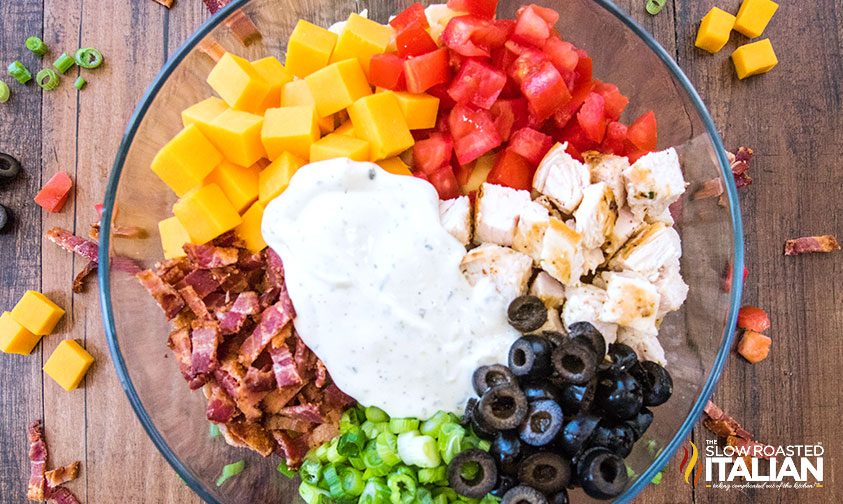 ingredients for chicken bacon ranch pasta salad in bowl