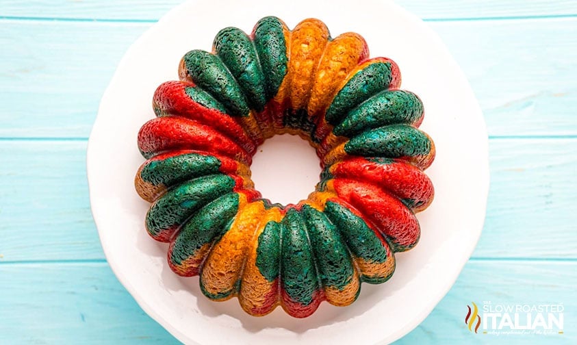 baked firecracker bundt cake on a white plate